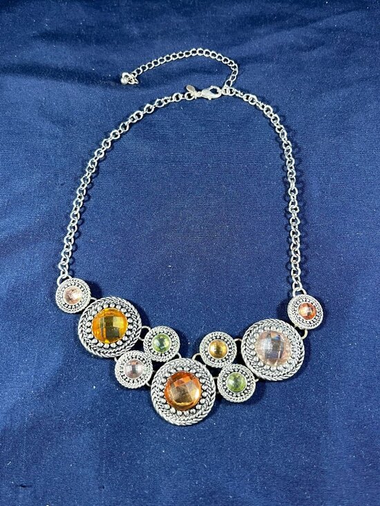 Premier Designs Chiffon Necklace W/ Silver Chain & Round Multicolor Rhinestones - Picture 1 of 3